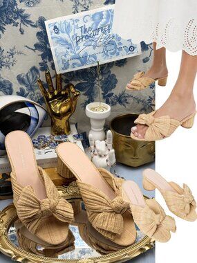 🆕 LOEFFLER RANDALL 🧿 NWOT Emilia Natural Pleated Bow Heel, Raffia - Sz 9